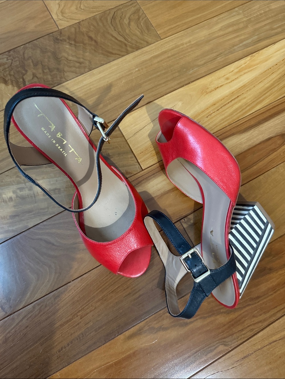 Anita Red Peep-Toe Heels with Black Ankle Strap and Striped Heel